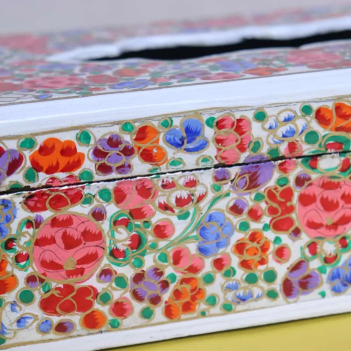 Kashmiri Paper Mache Tissue Box with Hand-Painted Floral Design - Image 2