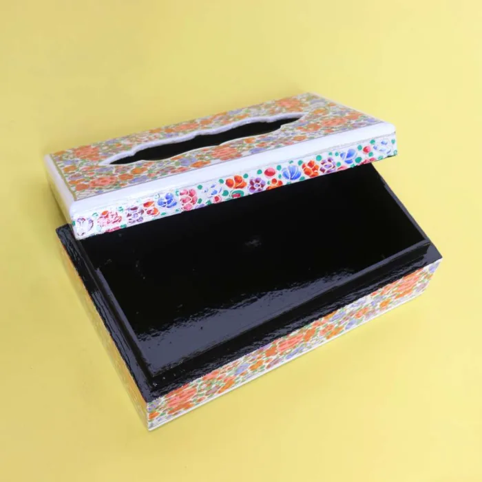 Kashmiri Paper Mache Tissue Box with Hand-Painted Floral Design - Image 4