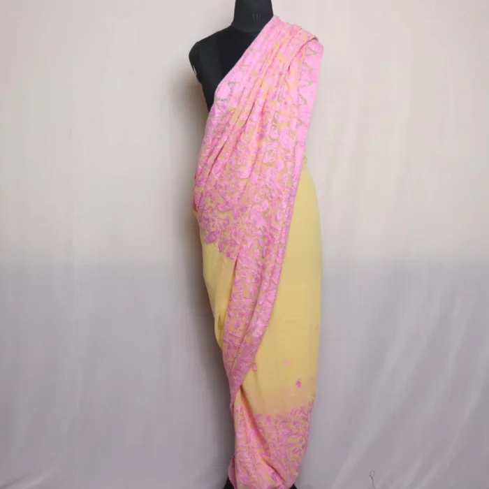 Pink Badami Jama Akh Rang Georgette Saree with Aari Embroidery - Roshe Collection