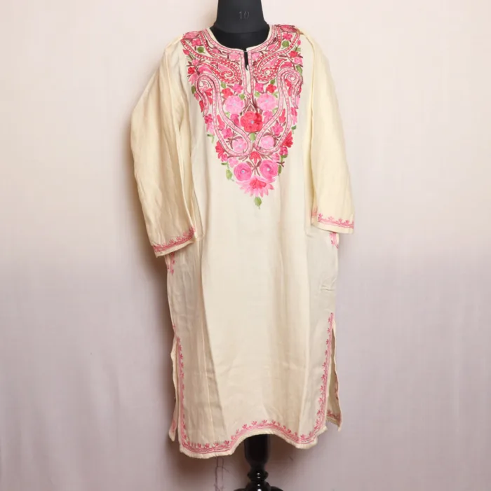 White Cashmilon Pheran with Aari Embroidery - Dalgate Collection - Image 2