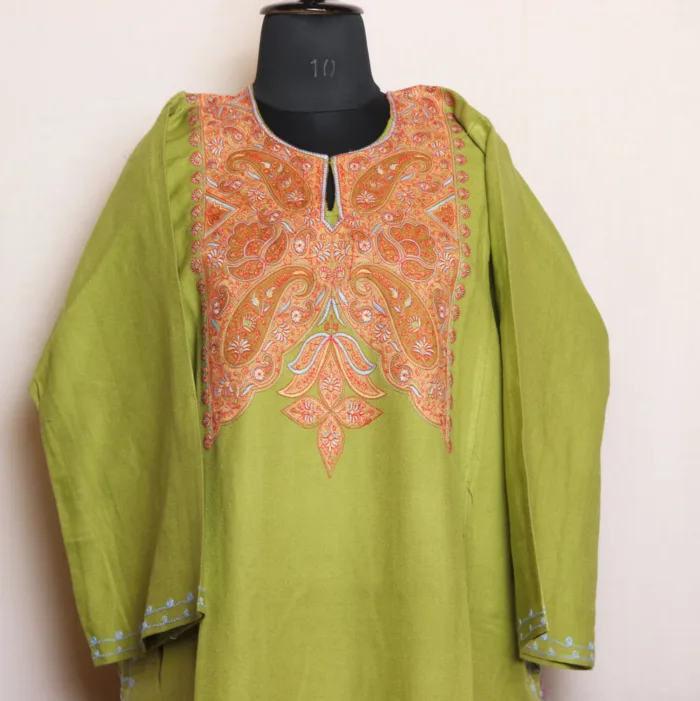 Kashmiri Parrot Green Cashmilon Needlework Pheran with Sozni Embroidery - Dalgate Collection