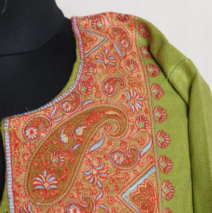 Kashmiri Parrot Green Cashmilon Needlework Pheran with Sozni Embroidery - Dalgate Collection - Image 3