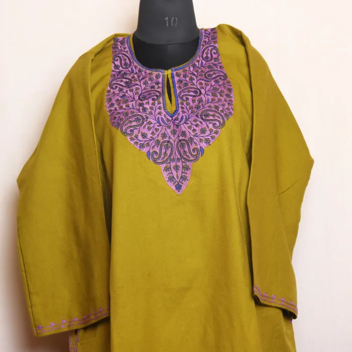 Olive Green Cashmilon Needlework Pheran for Women - Dalgate Collection