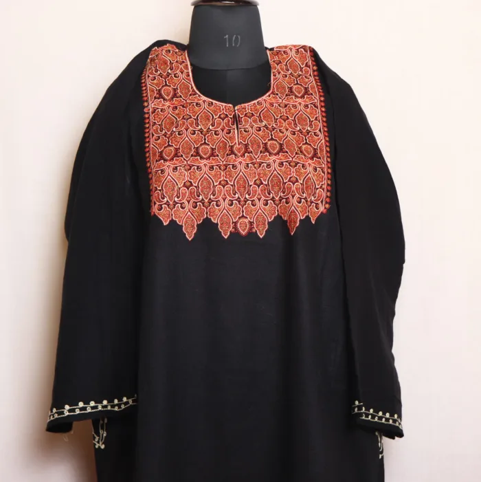 Elegant Black Sozni Embroidered Needlework Cashmilon Pheran - Dalgate Collection