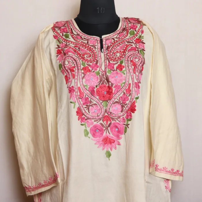 White Cashmilon Pheran with Aari Embroidery - Dalgate Collection