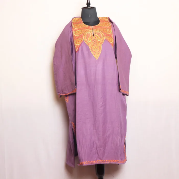 Purple Needlework Cashmilon Pheran with Sozni Detailing - Dalgate Collection - Image 2