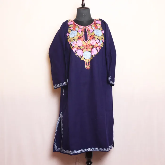 Soft Navy Blue Cashmilon Pheran Adorned with Aari Embroidery - Dalgate Collection - Image 2