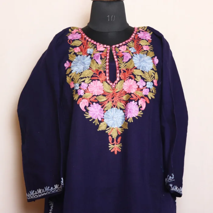 Soft Navy Blue Cashmilon Pheran Adorned with Aari Embroidery - Dalgate Collection