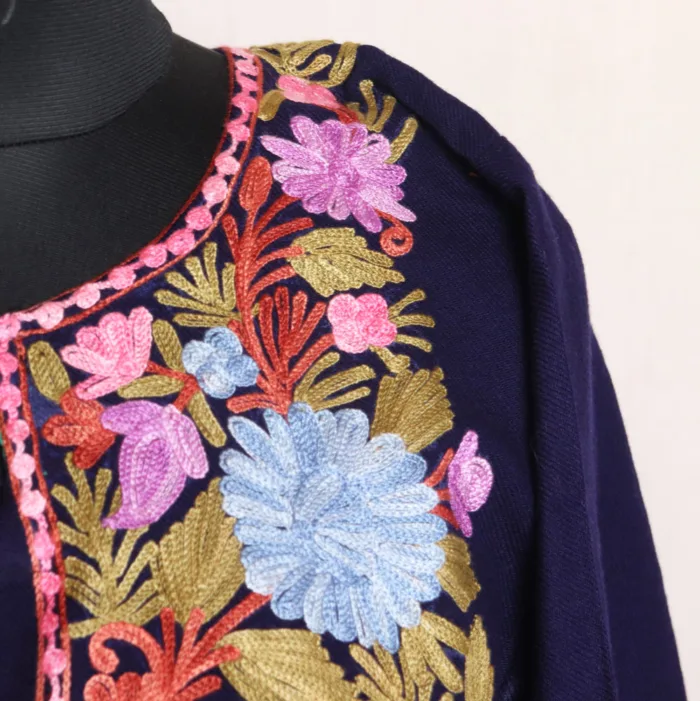 Soft Navy Blue Cashmilon Pheran Adorned with Aari Embroidery - Dalgate Collection - Image 3