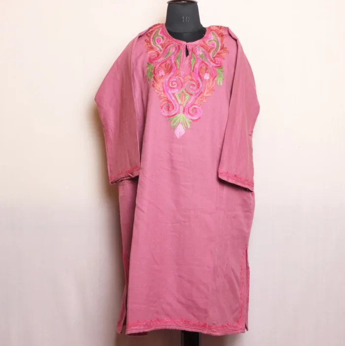 Pink Aari Embroidered Cashmilon Pheran for Women - Dalgate Collection - Image 2