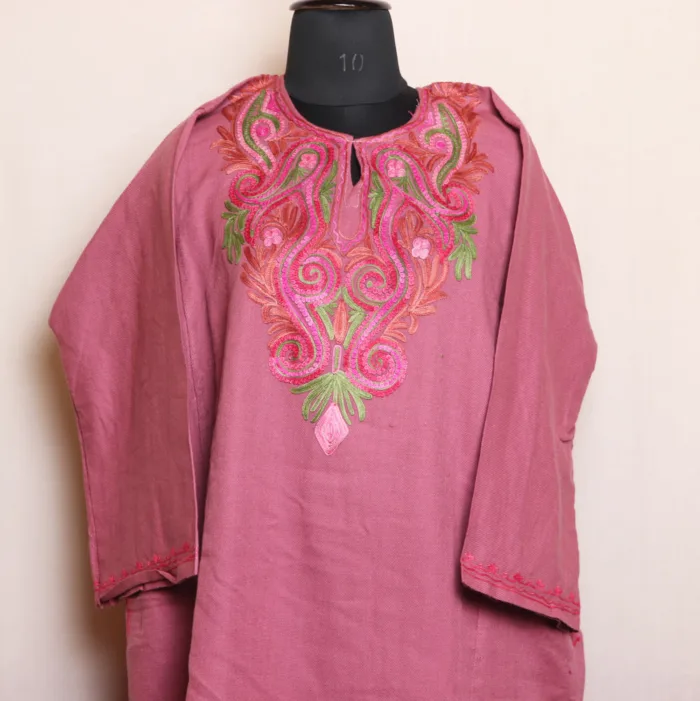 Pink Aari Embroidered Cashmilon Pheran for Women - Dalgate Collection