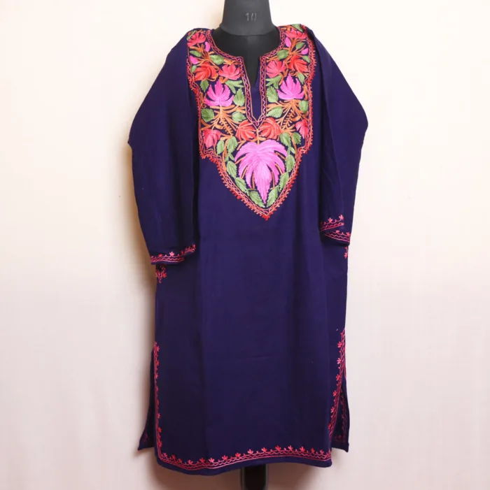 Navy Blue Pheran in Cashmilon with Artistic Aari Work - Dalgate Collection - Image 2