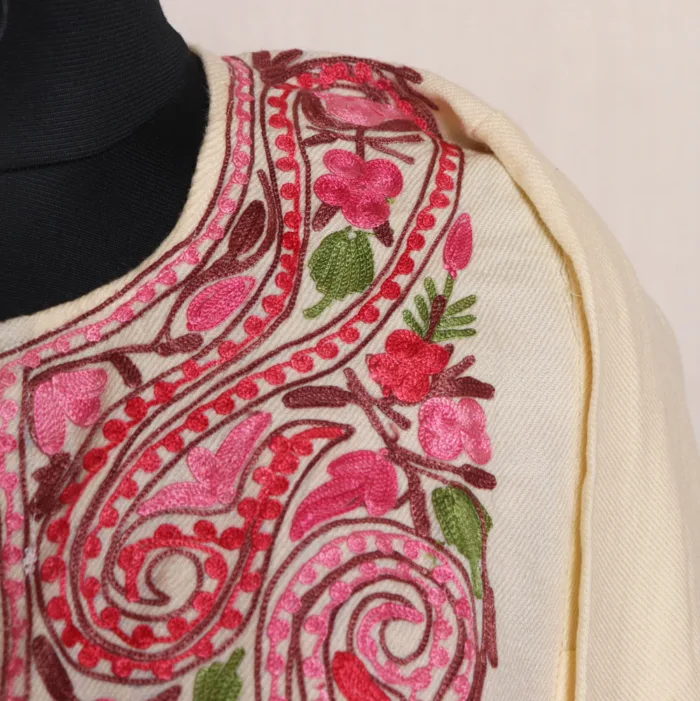 White Cashmilon Pheran with Aari Embroidery - Dalgate Collection - Image 3