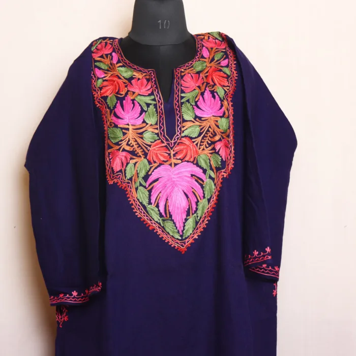 Navy Blue Pheran in Cashmilon with Artistic Aari Work - Dalgate Collection