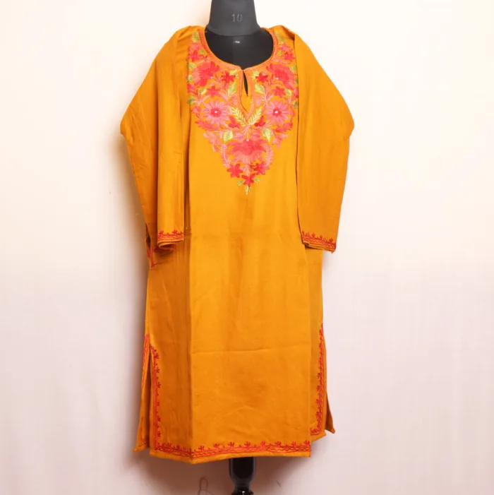 Mustard Cashmilon Pheran with Beautiful Aari Work - Dalgate Collection - Image 2