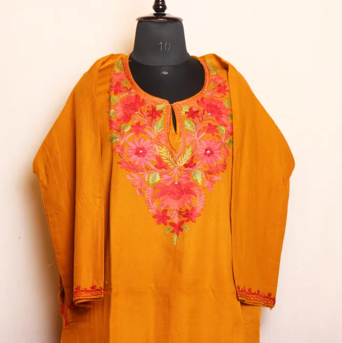 Mustard Cashmilon Pheran with Beautiful Aari Work - Dalgate Collection