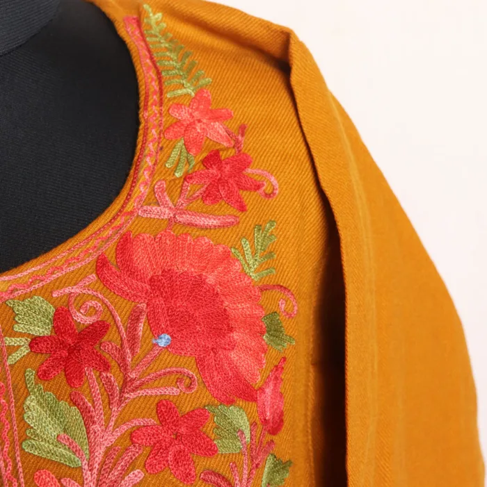 Mustard Cashmilon Pheran with Beautiful Aari Work - Dalgate Collection - Image 3