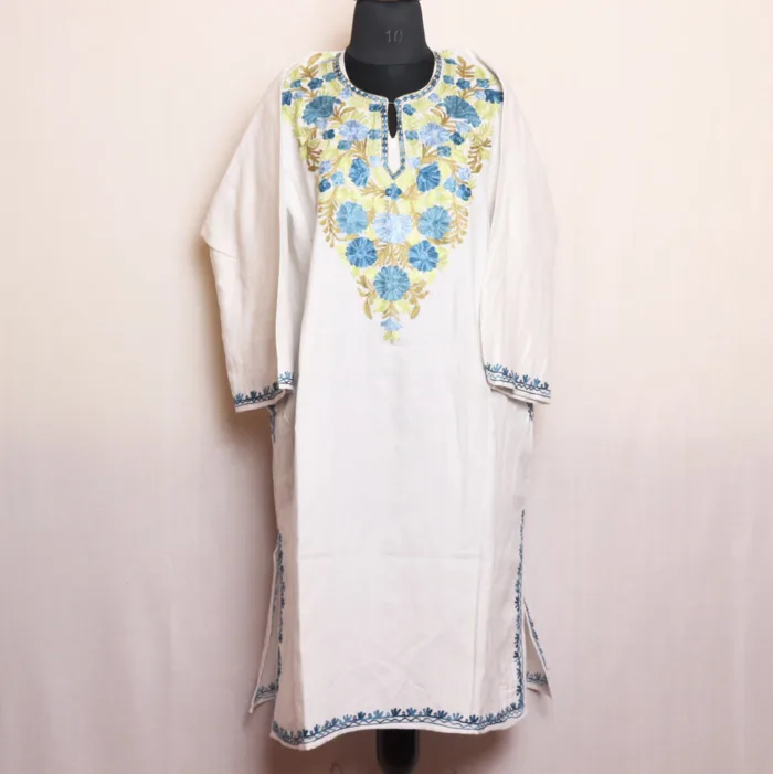 Classic White Aari Embroidered Pheran in Cashmilon - Dalgate Collection - Image 2