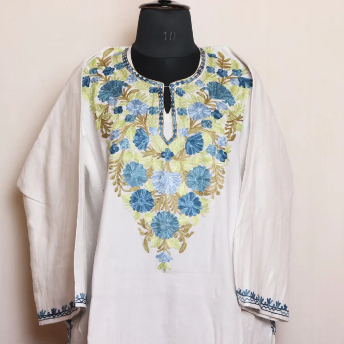 Classic White Aari Embroidered Pheran in Cashmilon - Dalgate Collection