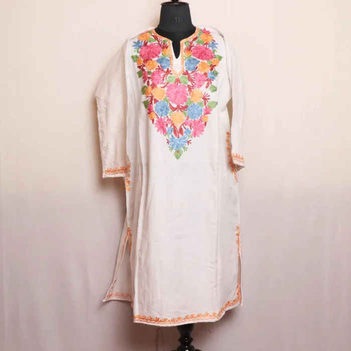 Elegant White Pheran in Cashmilon with Aari Work - Dalgate Collection - Image 2