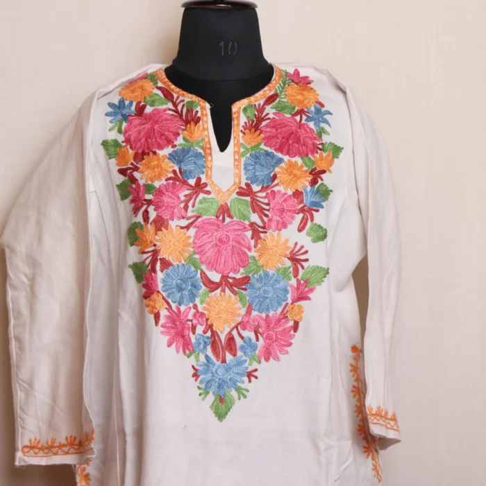 Elegant White Pheran in Cashmilon with Aari Work - Dalgate Collection