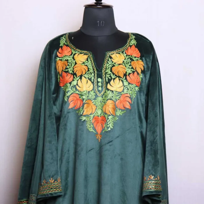 Dark Green Velvet 3PC Pheran Set with Aari Work - Nowsher collection - Image 2