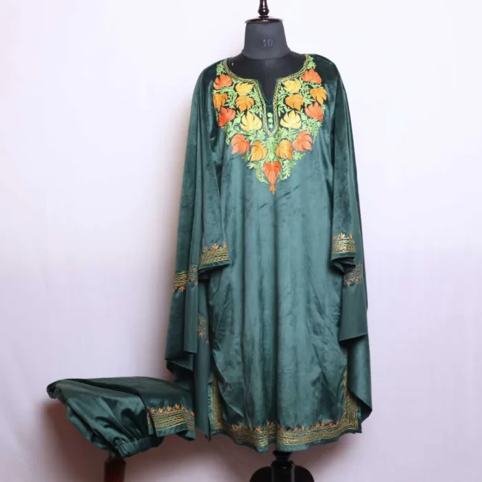 Dark Green Velvet 3PC Pheran Set with Aari Work - Nowsher collection