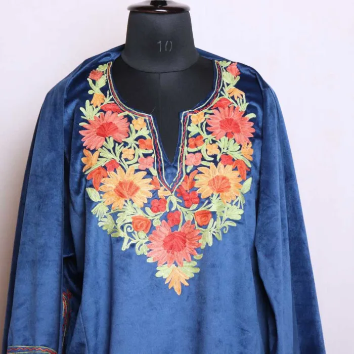 Navy Blue Velvet 3PC Pheran Set with Aari Work - Nowsher collection - Image 2