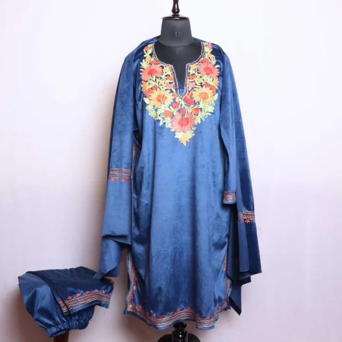 Navy Blue Velvet 3PC Pheran Set with Aari Work - Nowsher collection