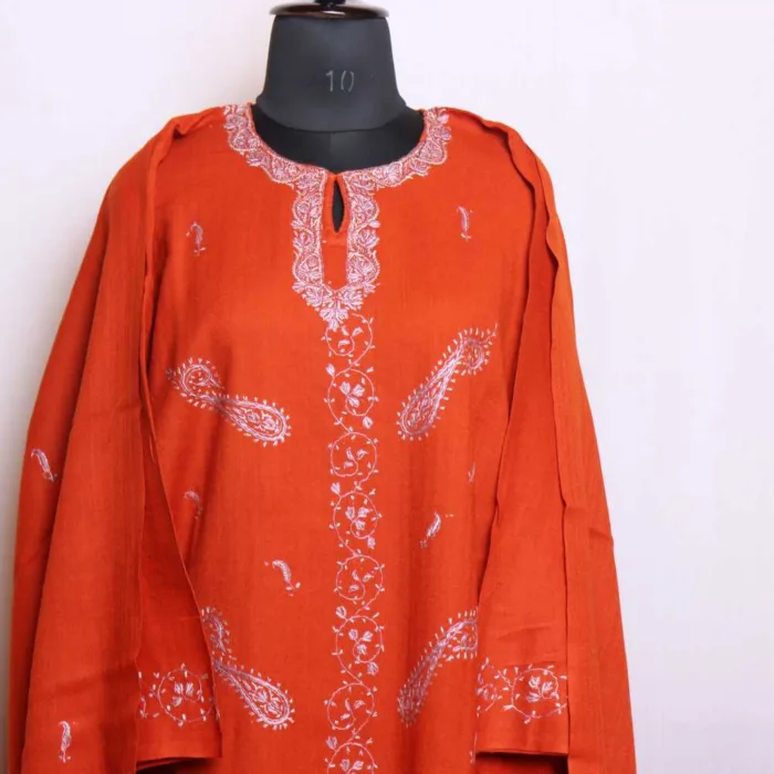 Rust Rafal Wool 3PC Pheran Set With Hand Sozni Embroidery - Image 2