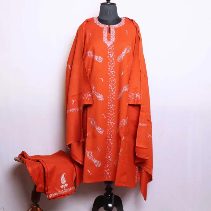 Rust Rafal Wool 3PC Pheran Set With Hand Sozni Embroidery