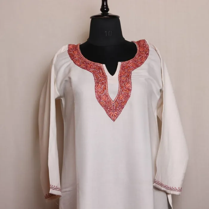 Elegant White Hand Sozni Woolen Kurta with Detailed Embroidery - Dalgate Collection