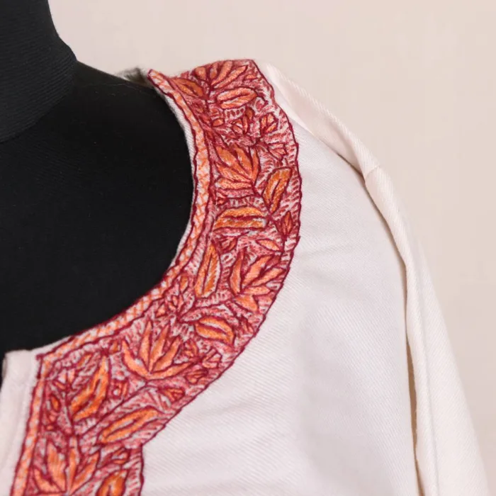 Elegant White Hand Sozni Woolen Kurta with Detailed Embroidery - Dalgate Collection - Image 3