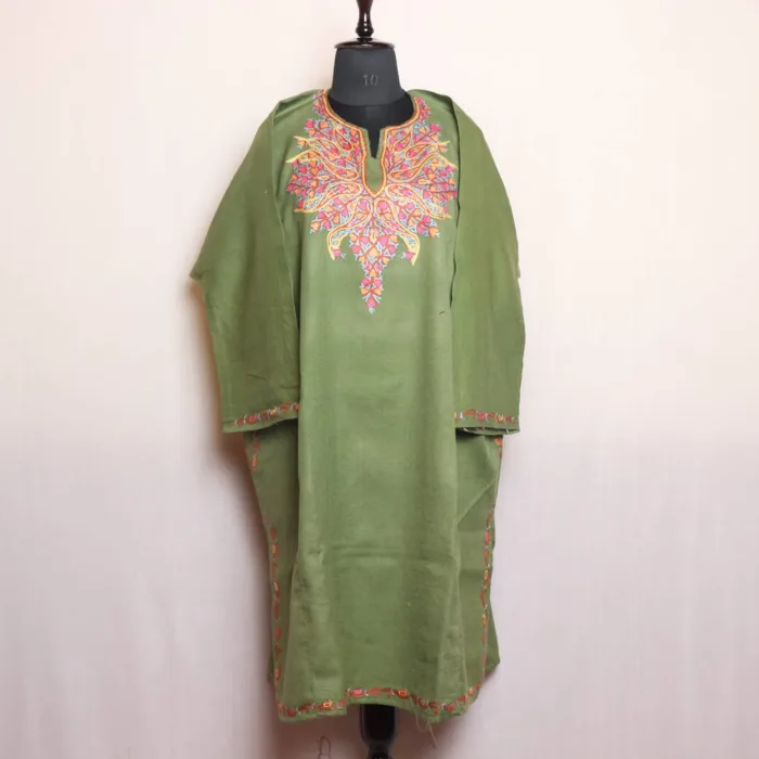 Classic Forest Green Raffal Pheran with Stunning Hand Aari Embroidery - Dalgate Collection - Image 2