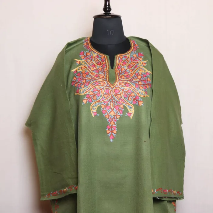 Classic Forest Green Raffal Pheran with Stunning Hand Aari Embroidery - Dalgate Collection