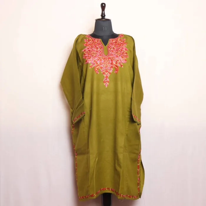 Soft Mehndi Green Raffal Pheran with Intricate Hand Aari Work - Dalgate Collection - Image 2