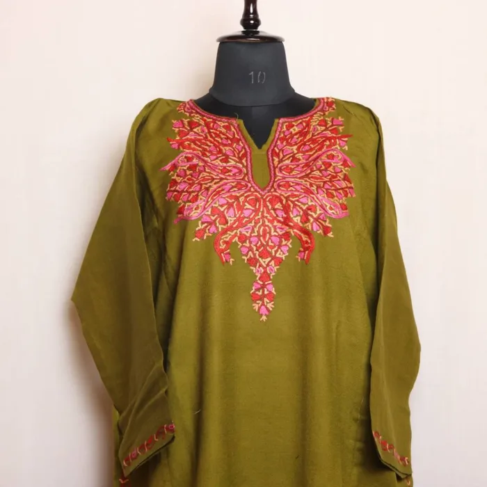 Soft Mehndi Green Raffal Pheran with Intricate Hand Aari Work - Dalgate Collection