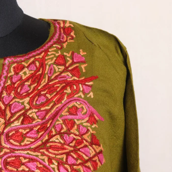 Soft Mehndi Green Raffal Pheran with Intricate Hand Aari Work - Dalgate Collection - Image 3