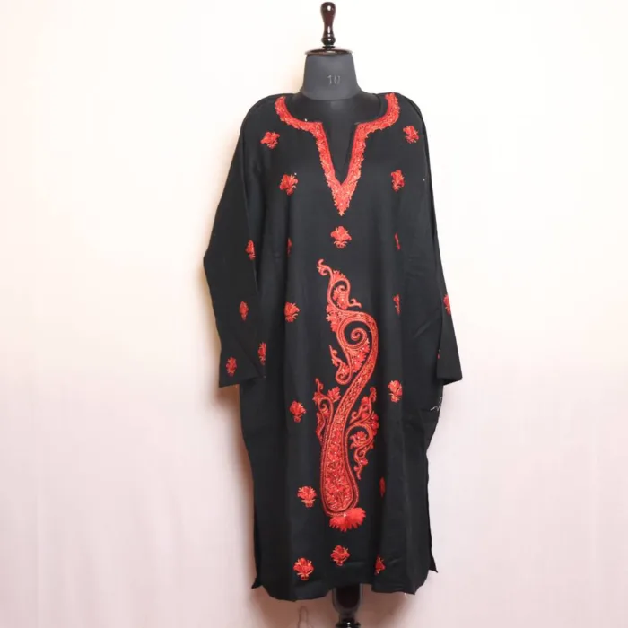 Elegant Black Raffal Pheran with Heavy Damaan and Hand Aari Embroidery - Dalgate Collection