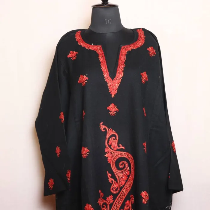 Elegant Black Raffal Pheran with Heavy Damaan and Hand Aari Embroidery - Dalgate Collection - Image 2