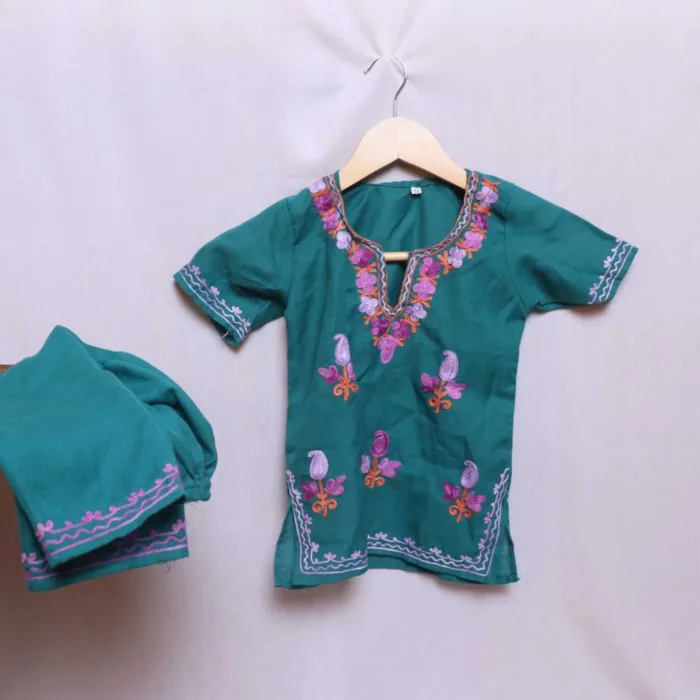 Dark Green Aari Embroidered Kids Kurta set with Trousers (4-5Y)