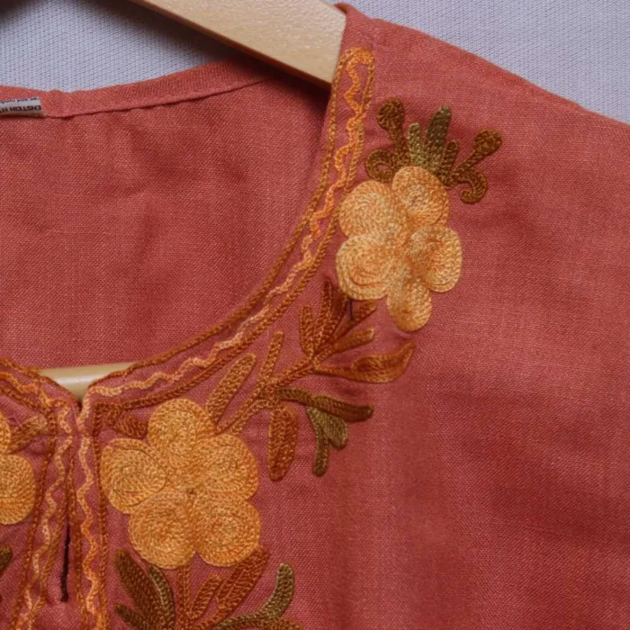 Peach Colored Aari Embroidered Kurta Set with Trousers (8-9Y) - Image 3