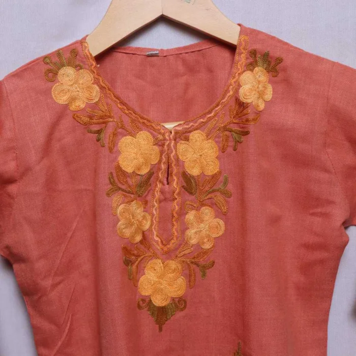 Peach Colored Aari Embroidered Kurta Set with Trousers (8-9Y) - Image 2