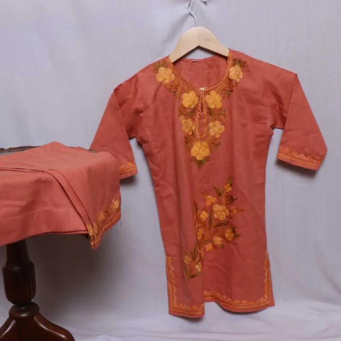 Peach Colored Aari Embroidered Kurta Set with Trousers (8-9Y)