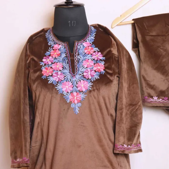 Brown Baby Velvet Set with Aari Embroidery - Muneeza Collection(8 - 9y) - Image 2