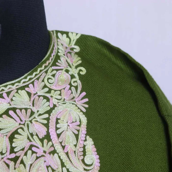 Green Aari Embroidered Kashmiri Short Pheran  - Zikar Collection  (L 36.5) - Image 3