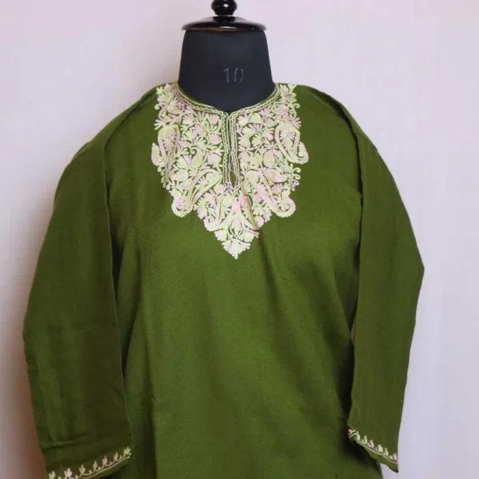 Green Aari Embroidered Kashmiri Short Pheran  - Zikar Collection  (L 36.5)