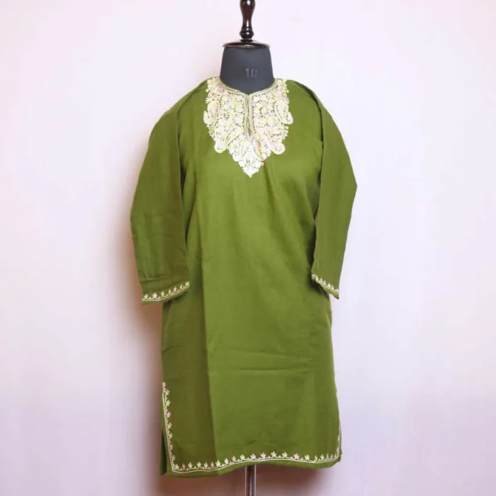 Green Aari Embroidered Kashmiri Short Pheran  - Zikar Collection  (L 36.5) - Image 2