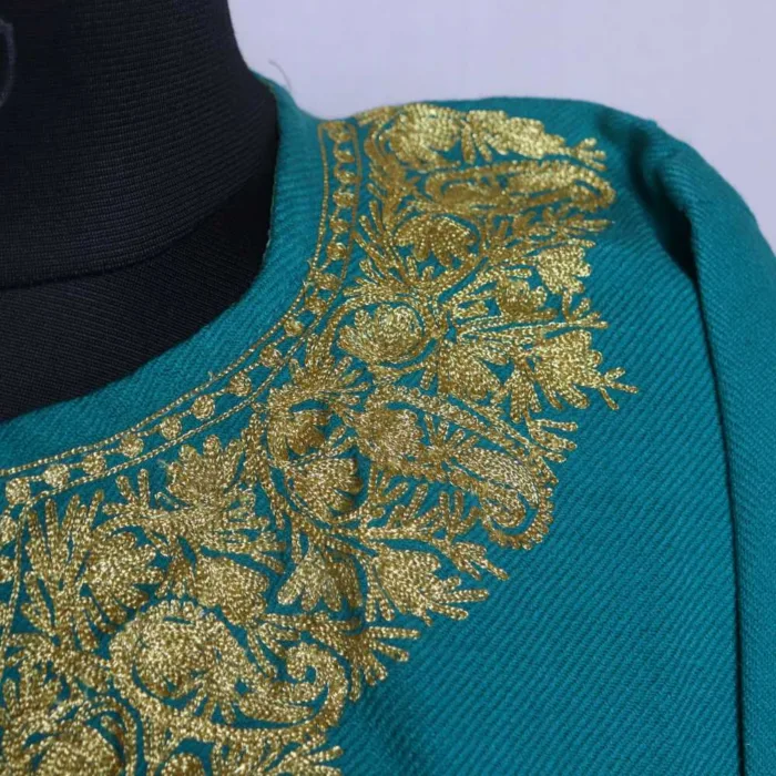 Aqua Cashmilon Pheran with Zari and Sleeve Embroidery - Zikaar Collection - Image 3