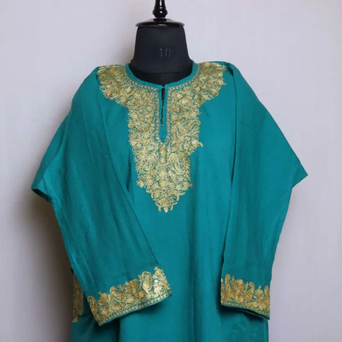 Aqua Cashmilon Pheran with Zari and Sleeve Embroidery - Zikaar Collection